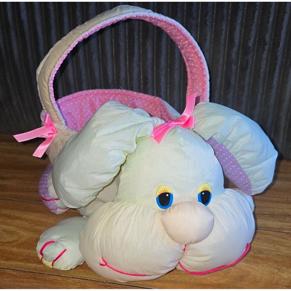 Vintage 1980 Plush Bunny Rabbit Carry Basket Pink Polka Dot Lining Small